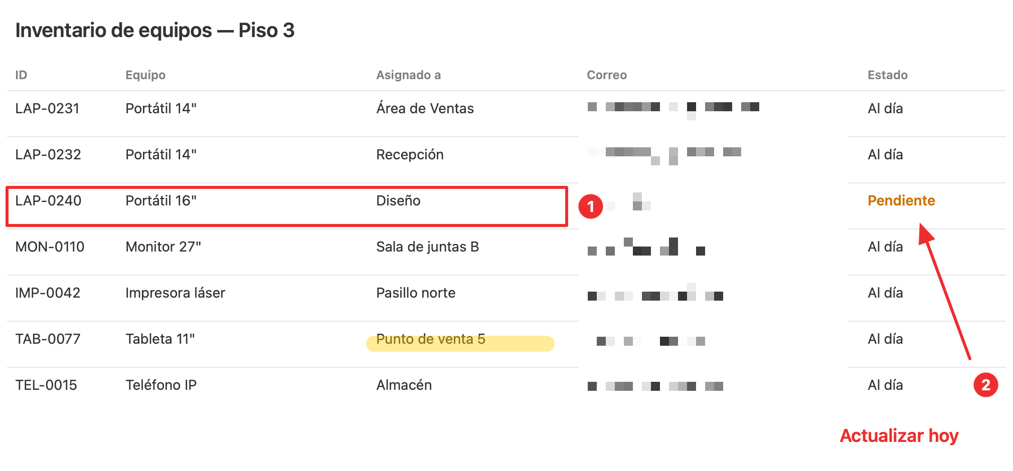 A screenshot annotated with VerdelShot: a row circled in red, step numbers and pixelated email addresses.